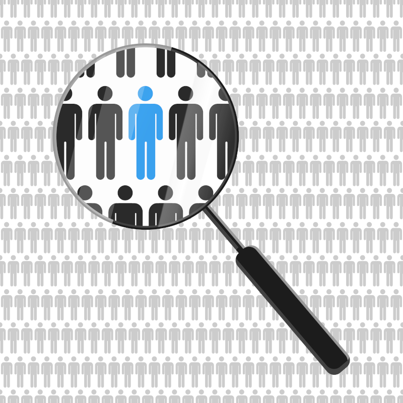 HR looking for a employee in the crowd with a magnifying glass